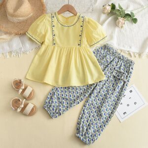 Children Kids Baby Fashion Girls Short Sleeve Embroidery Top And Flower Pants 2pcs Set