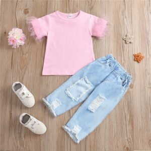 Girls Solid Color Short-sleeves Mesh Spliced Tops And Jeans