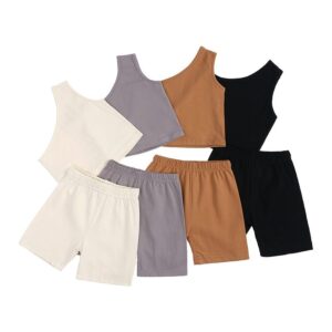 Children Kids Baby Fashion Girls Casual One-Shoulder Suspenders Solid Color Top And Shorts 2pcs Set