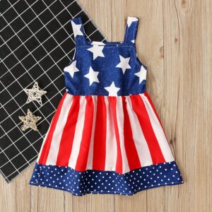 Children Kids Baby Fashion Girls Casual Basics Sleeveless Flag Independence Day Stars Print Sling Dress