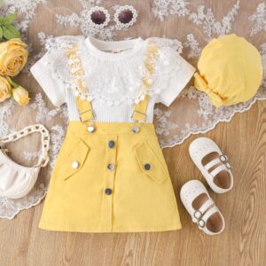 Children Kids Toddlers Fashion Girls Basic Casual Short Sleeve Lace Top And Straps Skirt Set