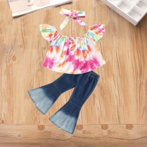 Children Kids Baby Fashion Girls Ruffle Sleeve Tie Dye Print Top And Denim Flared Pants Set