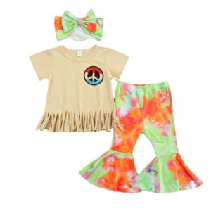 Girls Fashion Tassel Design Tops And Tie-dye Bell-bottoms White Headband