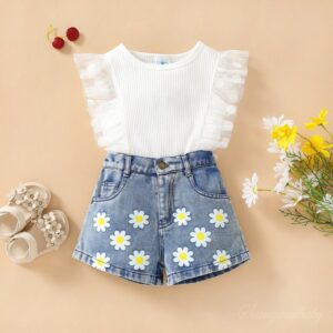 Children Kids Baby Fashion Girls Mesh Stitching Sleeveless Top And Heart Flower Denim Shorts 2pcs Set