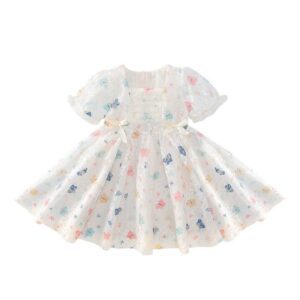 Children Kids Baby Fashion Girls Short Sleeve Butterfly Print Lace Princess Dress