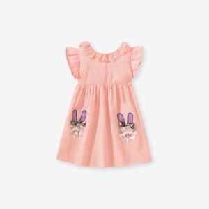 Children Kids Baby Fashion Girls Casual Basic Ruffle Sleeve Cartoon Print Round Neck Princess Dress
