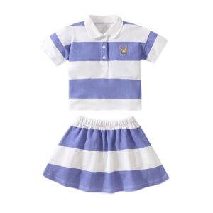 Children Kids Baby Fashion Girls Casual Basic Short Sleeve Stripe Lapel Top And Skirt 2pcs Set