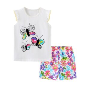 Children Kids Baby Fashion Girls Ruffle Sleeve Butterfly Print T-Shirt And Flower Shorts 2pcs Set