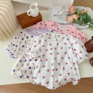 Children Kids Baby Fashion Girls Short Sleeve Flower Print T-Shirt