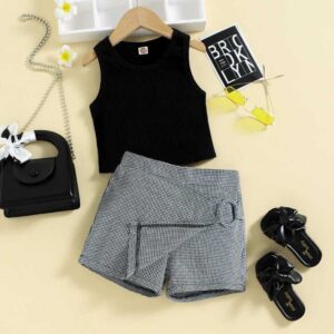 Children Kids Baby Fashion Girls Sleeveless Ves And Houndstooth Print Shorts 2pcs Set