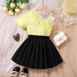 Children Kids Baby Fashion Girls Slanted Shoulder Top And Mesh Skirt 2pcs Set