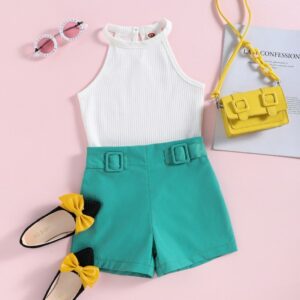 Children Kids Baby Fashion Girls Hanging Neck White Top And Candy Color Shorts 2pcs Set