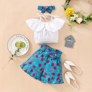 Children Kids Baby Fashion Girls Solid Color One Shoulder Top And Floral Print Shorts 2pcs Set