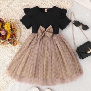 Children Kids Baby Fashion Girls Short Sleeve Bowknot Print Mesh Dress