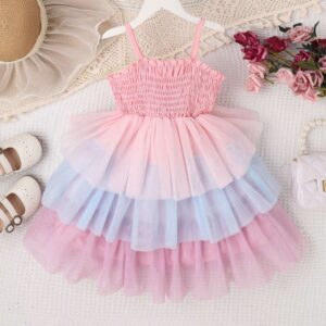 Children Kids Baby Fashion Girls Sleeveless Rainbow Color Mesh Suspenders Dress