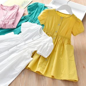 Children Kids Baby Fashion Girls Solid Color Button Short Sleeve Dress