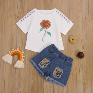 Toddlers Newborn Baby Fashion Girls Short Sleeve Sunflower T-Shirt And Denim Shorts 2pcs Set