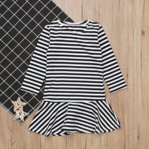 Children Kids Baby Fashion Girls Long-Sleeved Stripe Round Neck Dress