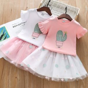 Children Kids Baby Fashion Girls Short-Sleeved Cactus Top And Tutu Mesh Skirt 2pcs Set