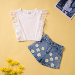 Children Kids Baby Fashion Girls Mesh Sleeveless Top And Floral Denim Shorts 2pcs Set