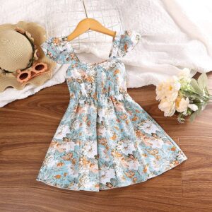 Children Kids Baby Fashion Girls Ruffle Sleee Flower Print Suspender Dress