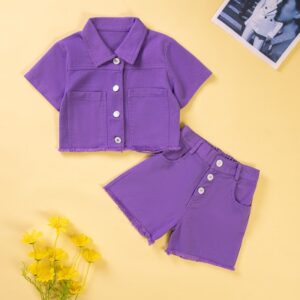 Children Kids Baby Fashion Girls Solid Color Short Sleeve Lapel Top And Denim Shorts 2pcs Set