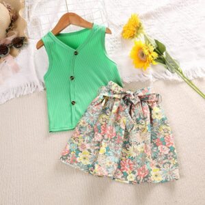 Children Kids Baby Fashion Girls Pit Strip Sleeveless Solid Color Top And Flower Print Skirt 2pcs Set