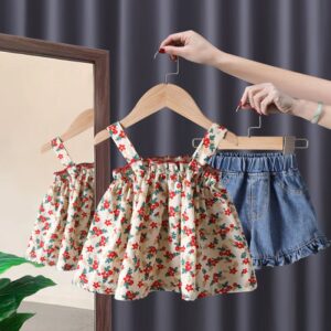 Children Kids Baby Fashion Girls Flower Print Suspenders Cute Top And Denim Shorts 2pcs Set