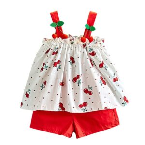 2 Pcs Girl Cute Cherry Print Sleeveless Tops And Shorts
