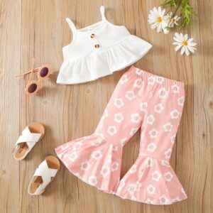 Toddlers Newborn Baby Fashion Girls Strip Suspender Top And Floral Print Pants 2pcs Set