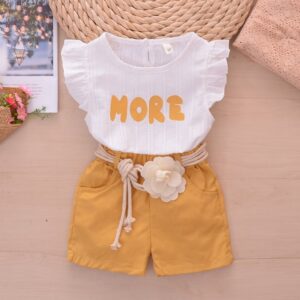 Children Kids Baby Fashion Girls Ruffle Sleeve Letter Top And Shorts Floral Belt 2pcs