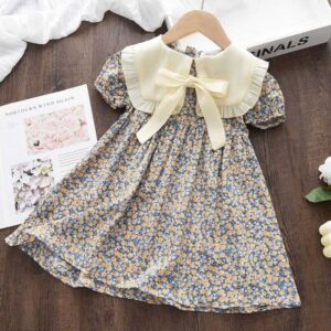 Children Kids Baby Fashion Girls Puff Sleeve Flower Print Bowknot Lapel Dress