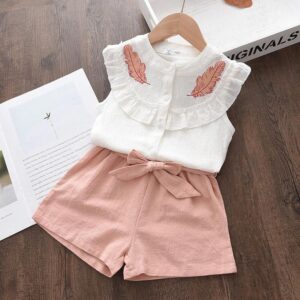 Children Kids Baby Fashion Girls Sleeveless Embroidered Feather Top And Shorts 2pcs Set