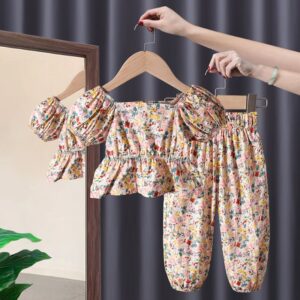 Children Kids Baby Fashion Girls Short Sleeve Floral Top And Pants 2pcs Set