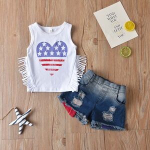Children Kids Baby Fashion Girls Flag Print Sleeveless Top And Denim Shorts 2pcs Set