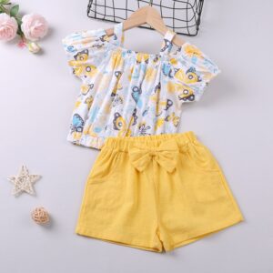 Children Kids Toddlers Fashion Girls Short Sleeve Print Top And Solid Color Shorts 2pcs Set