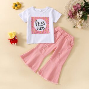 Children Kids Toddlers Fashion Girls Boys Short Sleeve Letter Print T-Shirt And Flared Pants 2pcs Set