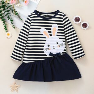 Children Kids Toddlers Fashion Girls Long Sleeve Patchwork Rabbit Stripe Dress