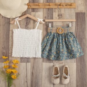 Children Kids Toddlers Fashion Girls Solid Color Sling Top And Flower Pleated Skirt 2pcs Set