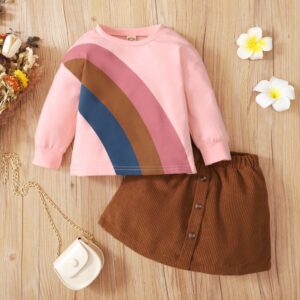Toddlers Newborn Baby Fashion Girls Rainbow Print Long Sleeve Top And Solid Color Skirts 2pcs Set