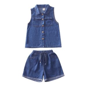 Children Kids Toddlers Fashion Girls Thin Denim Sleeveless Top And Shorts 2pcs Set