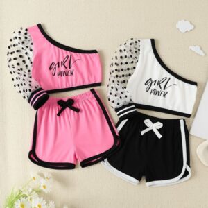 Children Kids Toddlers Fashion Girls Slanted Placket Mesh Sleeve Top And Shorts 2pcs Set