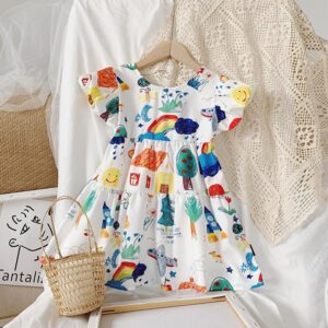 Children Kids Toddlers Girls Ruffle Sleeve Cartoon Print Dress