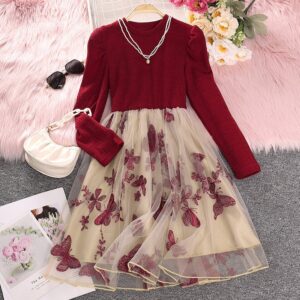 Children Kids Toddlers Long Sleeve Knitted Splicing Mesh Princess Dress