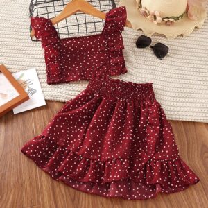Children Kids Toddlers Girls Dots Suspenders Top And Skirt 2pcs Set