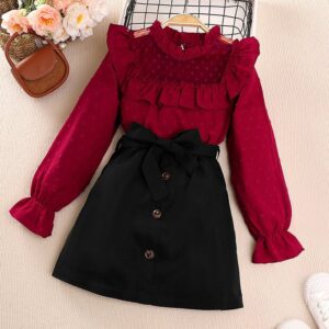 Children Kids Toddlers Girls Lace Stitching Polka Dot Long-Sleeved Top And Skirt 2pcs Set
