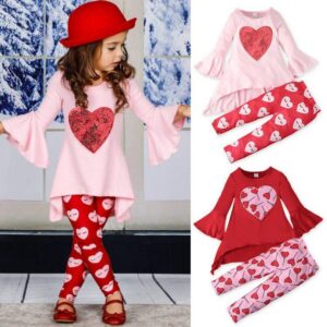 Children Kids Toddlers Girls Valentine's Day Long Sleeve Top And Heart Pants 2pcs Set