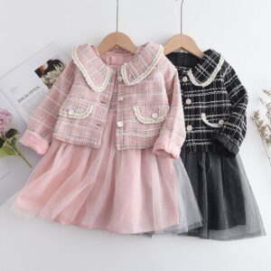 Children Kids Toddlers Girls Long Sleeves Plaid Jacket And Mesh Dress 2pc Set