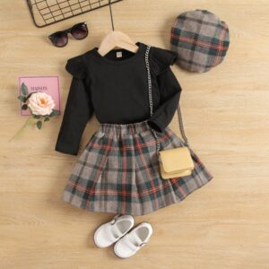 Children Kids Toddlers Girls Long Sleeve Tops And Plaid Print Skirt With Hat 3pcs Set