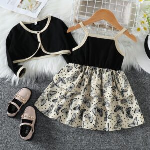 Children Kids Toddlers Girls Long-Sleeved Jacket And Butterfly Print Sleeveless Dress 2pcs Set